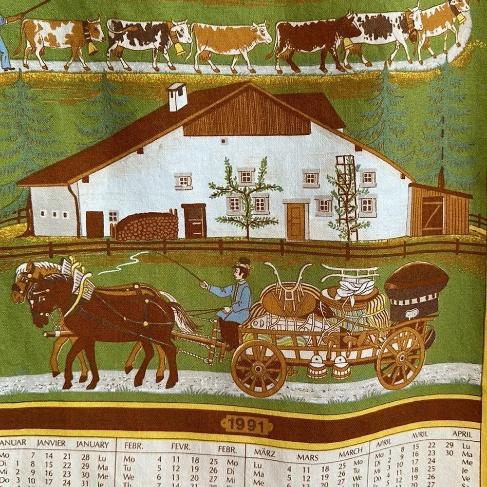 Vtg‎  1991 Calendar tea towel/European scene of cows being herded up mountain